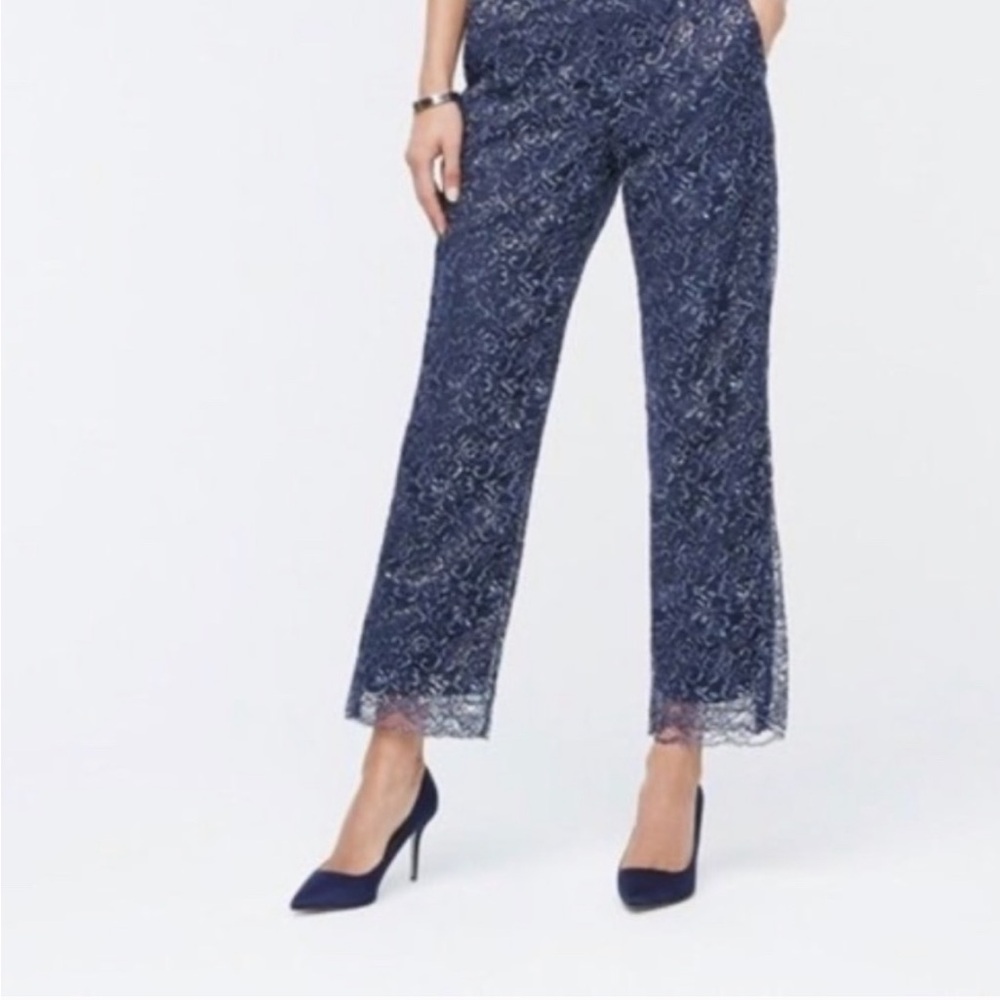 J. Crew Blue Lace Wide Leg Pants with Elegant Print and metallic silver thread - Picture 3 of 12